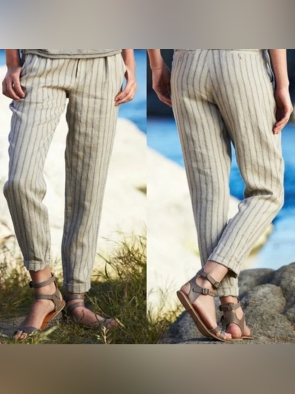 Peruvian Connection Prescott Trousers 100% Linen Straight Leg Pin Striped Tan 6
